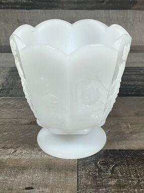 E.O. Brody Co Cleveland Ohio Milk Glass Pedestal Vase Planter Grape Vine Design